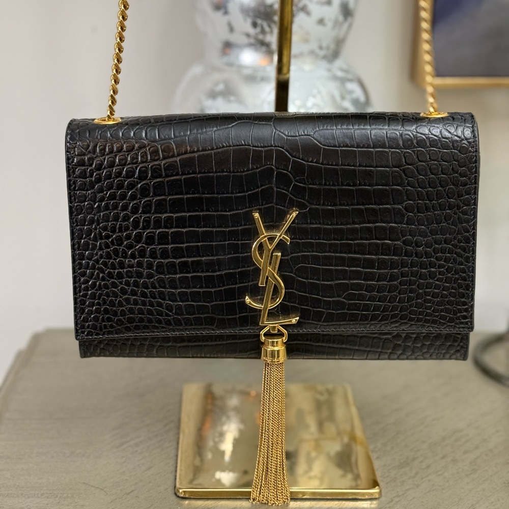 Yves Saint Laurent Kate Tassel Croc Embossed Shoulder Bag